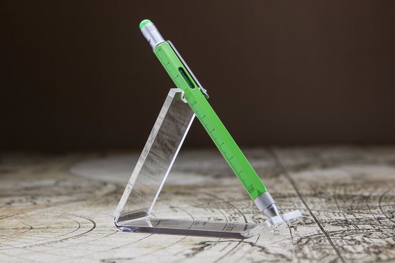 TROIKA CONSTRUCTION â€“ PIP20/NG â€“ Multitasking ballpoint pen â€“ centimetre and inch ruler â€“ 1:20 m and 1:50 m scale â€“ spirit level â€“ brass â€“ laquered â€“ neon green, silver â€“ TROIKA-original - Image 2